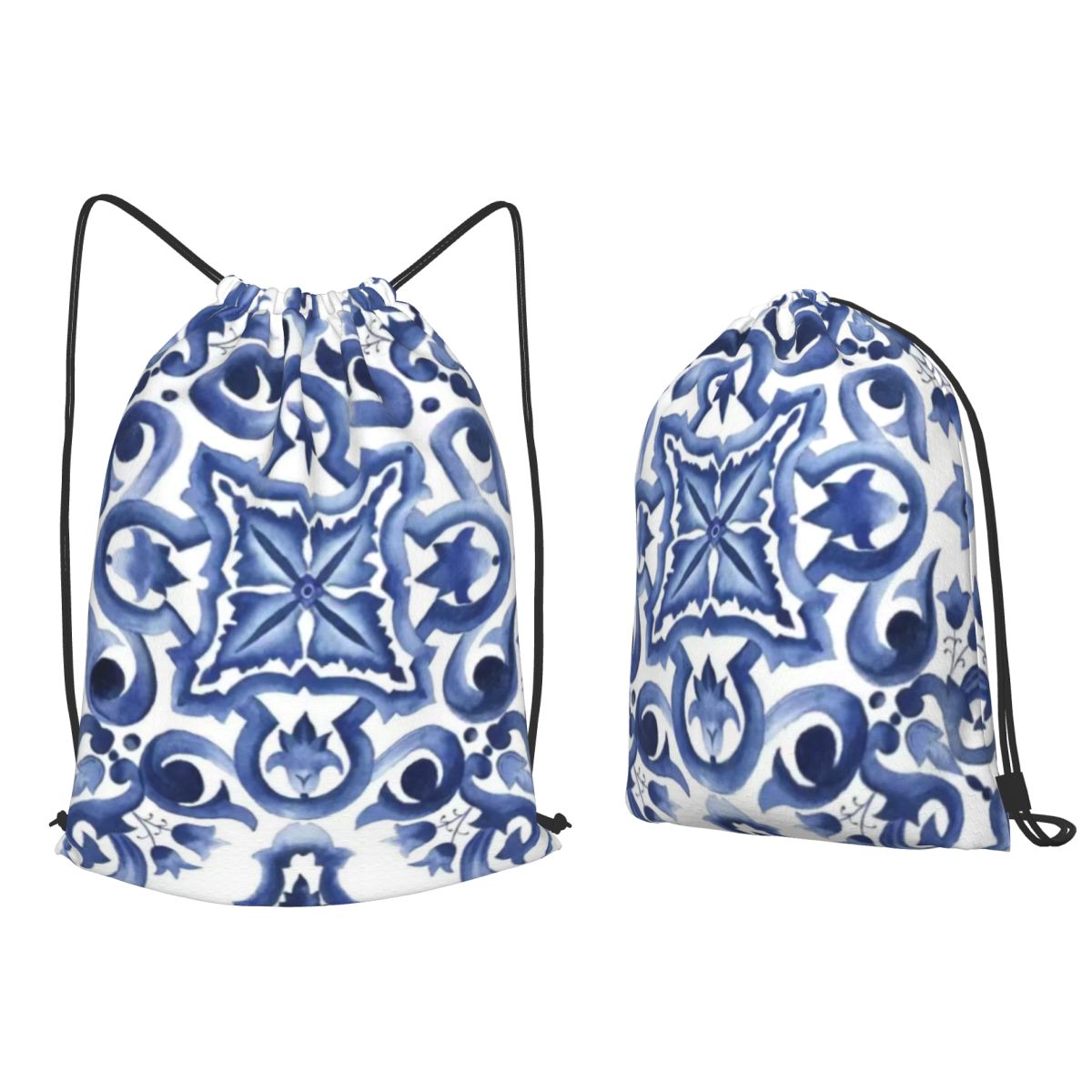 Tile Bag Drawstring - กระเป๋าเป้สะพายหลังลายดอกไม้สีน้ำเงินสไตล์เมดิเตอร์เรเนียนซิซิลี กระเป๋าหูรูดอเนกประสงค์ กระเป๋าเก็บของ กระเป๋าใส่หนังสือสำหรับเดินทางไปโรงเรียน