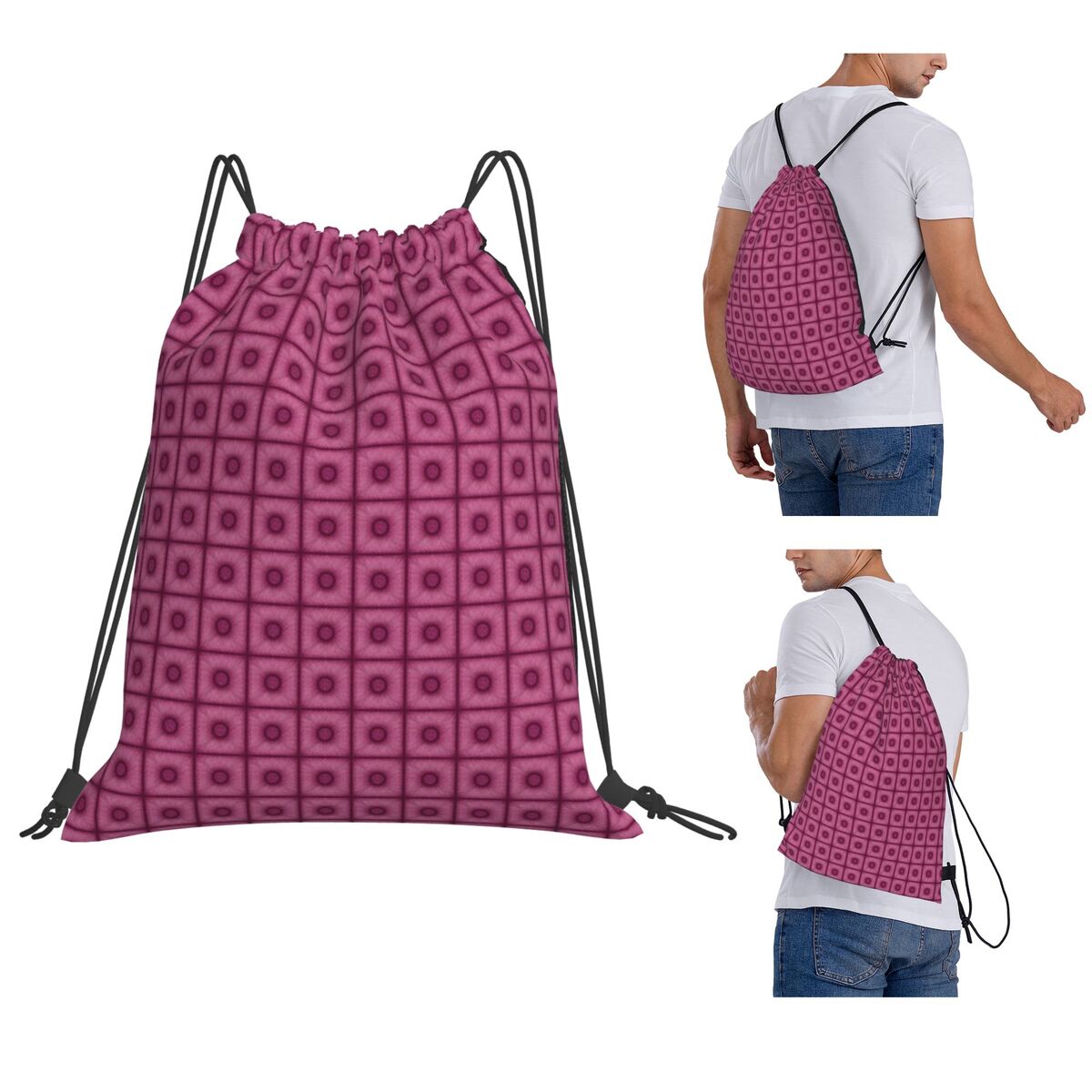 Tile Bag Drawstring - กระเป๋าเป้สะพายหลังสีเชอร์รี่แบบพกพา กระเป๋าใส่รองเท้าแบบมีเชือกผูก กระเป๋าใส่หนังสือสำหรับผู้ชาย ผู้หญิง ไปโรงเรียน