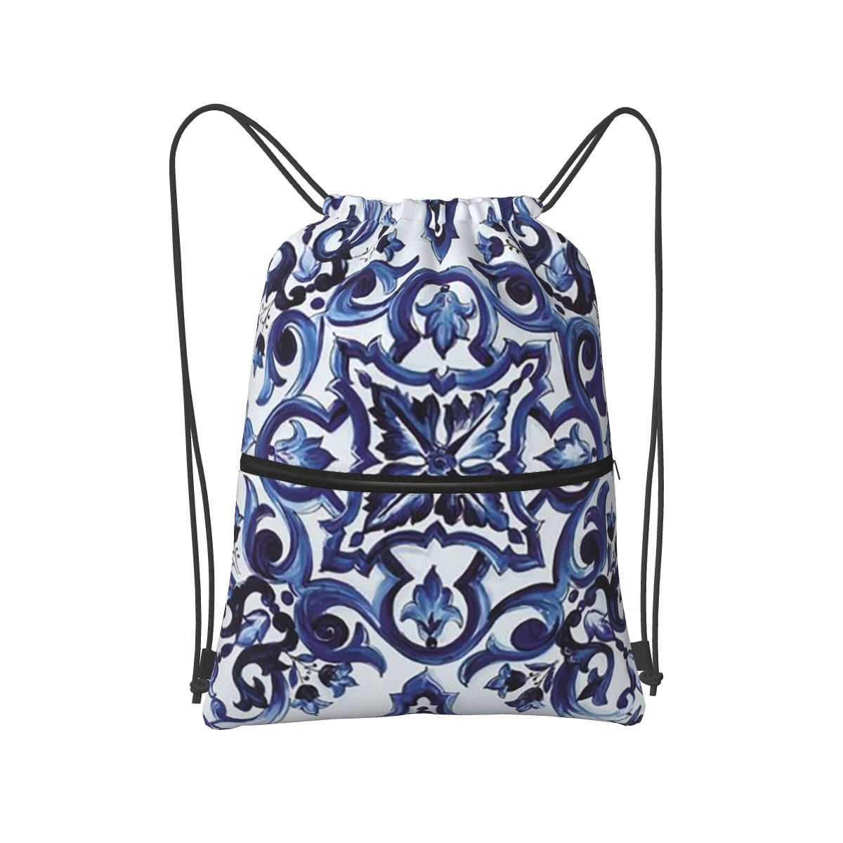 Tile Bag Drawstring - กระเป๋าเป้สะพายหลังลายดอกไม้สีน้ำเงินสไตล์เมดิเตอร์เรเนียน ซิซิลี แบบพกพา มีเชือกผูก กระเป๋าใส่ของแบบมีเชือกผูก กระเป๋ากีฬา