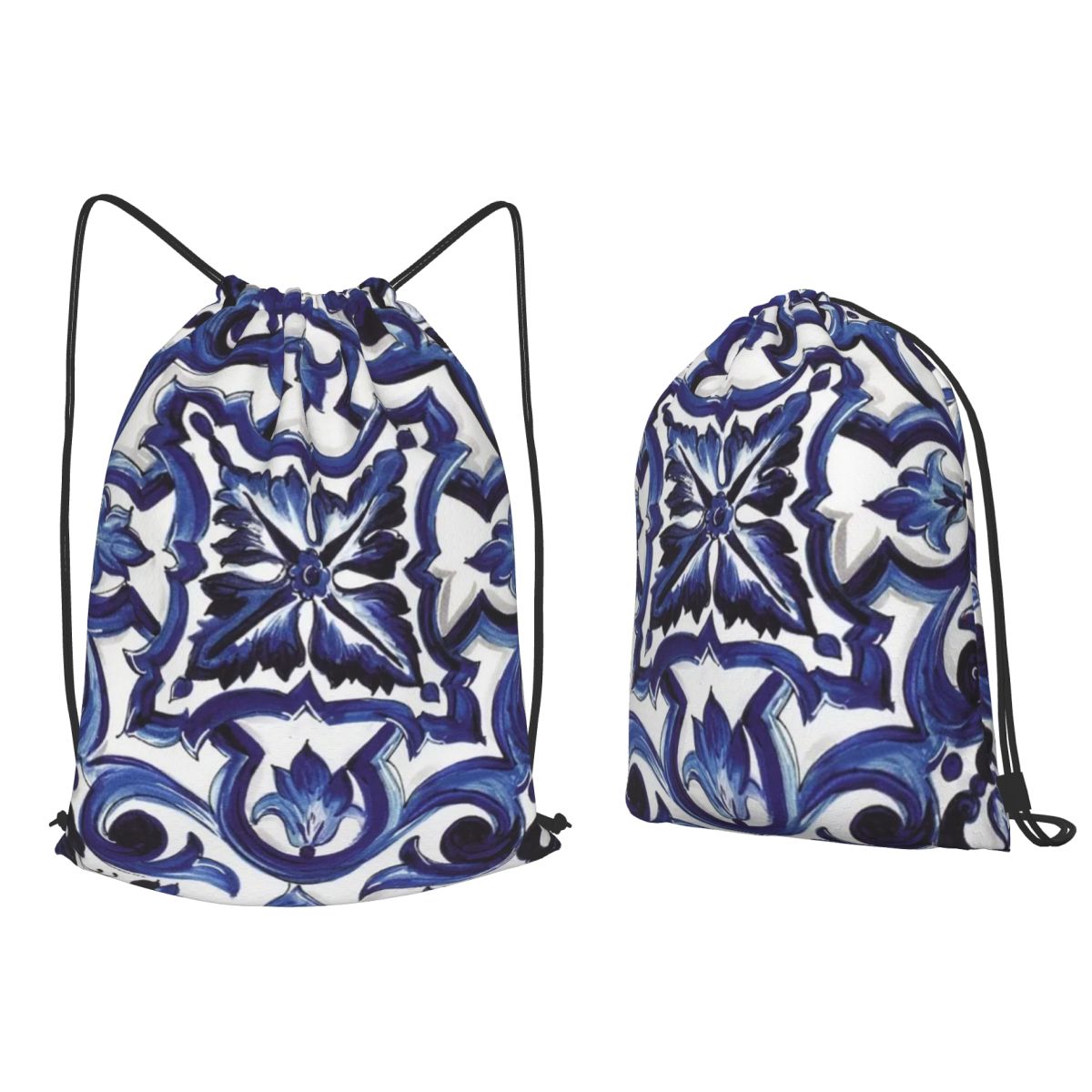 Tile Bag Drawstring - กระเป๋าเป้สะพายหลังลายดอกไม้สีน้ำเงินสไตล์เมดิเตอร์เรเนียน ซิซิลเลียน แฟชั่นกระเป๋าหูรูด กระเป๋าใส่ของจุกจิก กระเป๋าใส่หนังสือ สำหรับการเดินทางไปโรงเรียน