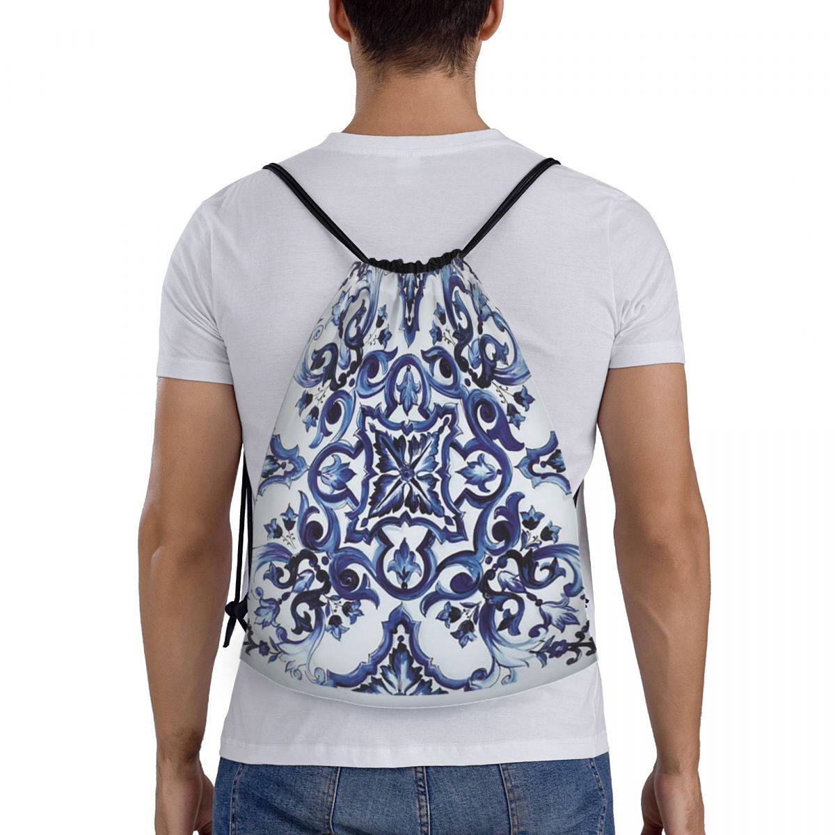 Tile Bag Drawstring - กระเป๋าเป้สะพายหลังลายดอกไม้สีน้ำเงินสไตล์เมดิเตอร์เรเนียน ซิซิลี กระเป๋าแบบมีเชือกผูก กระเป๋าใส่ของจุกจิก กระเป๋าใส่หนังสือ