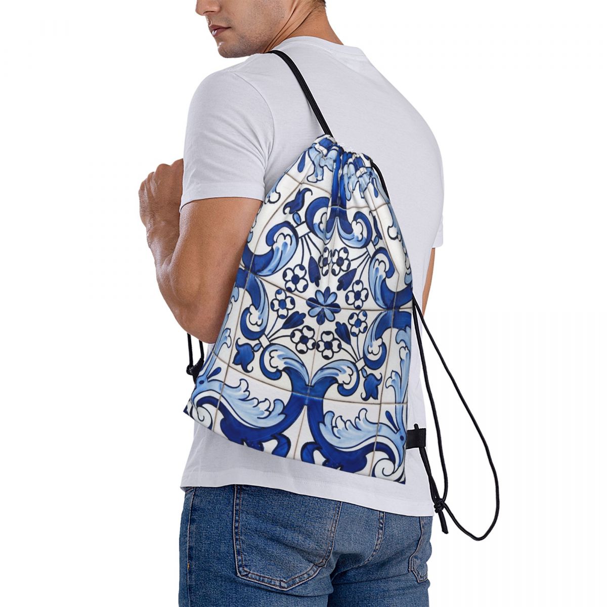 Tile Bag Drawstring - กระเป๋าเป้สะพายหลังลายดอกไม้แบบคลาสสิกโบราณลิสบอนบลูอาซูเลโฮ กระเป๋าแฟชั่นแบบมีเชือกผูก กระเป๋ารองเท้า กระเป๋าหนังสือ สำหรับการเดินทางไปโรงเรียน