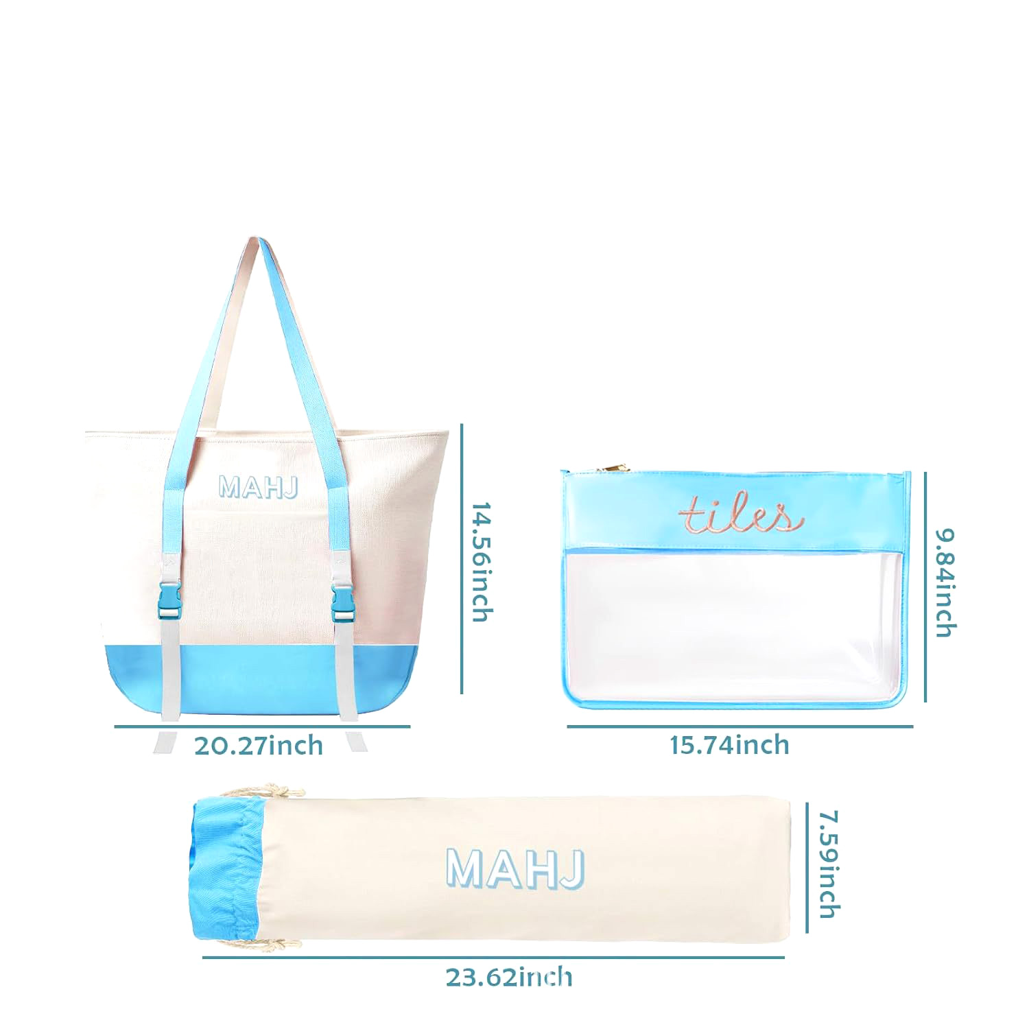 Tile Bag Drawstring - ชุดกระเป๋าผ้าแคนวาสสำหรับใส่ไพ่นกกระจอก พร้อมกระเป๋าซิปใส และกระเป๋าแบบมีเชือกสำหรับใส่แท่นวาง ตัวดันไพ่ และอุปกรณ์เสริม