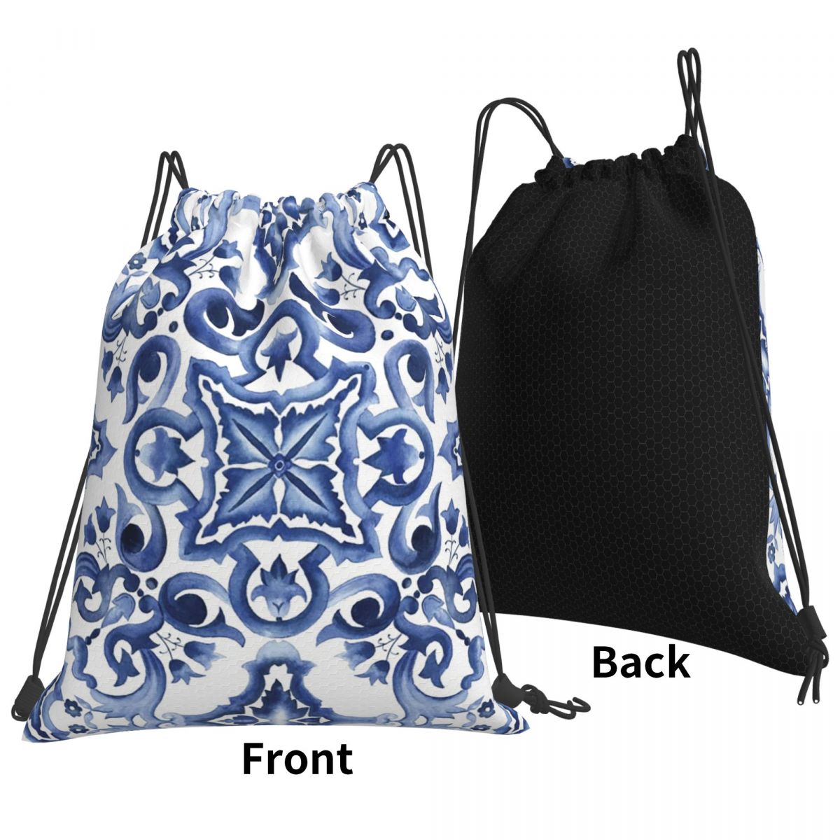 Tile Bag Drawstring - กระเป๋าเป้สะพายหลังลายดอกไม้สีฟ้าสไตล์เมดิเตอร์เรเนียนซิซิลี กระเป๋าแบบมีเชือกผูก กระเป๋ากีฬา กระเป๋าใส่หนังสือ สำหรับผู้ชาย ผู้หญิง