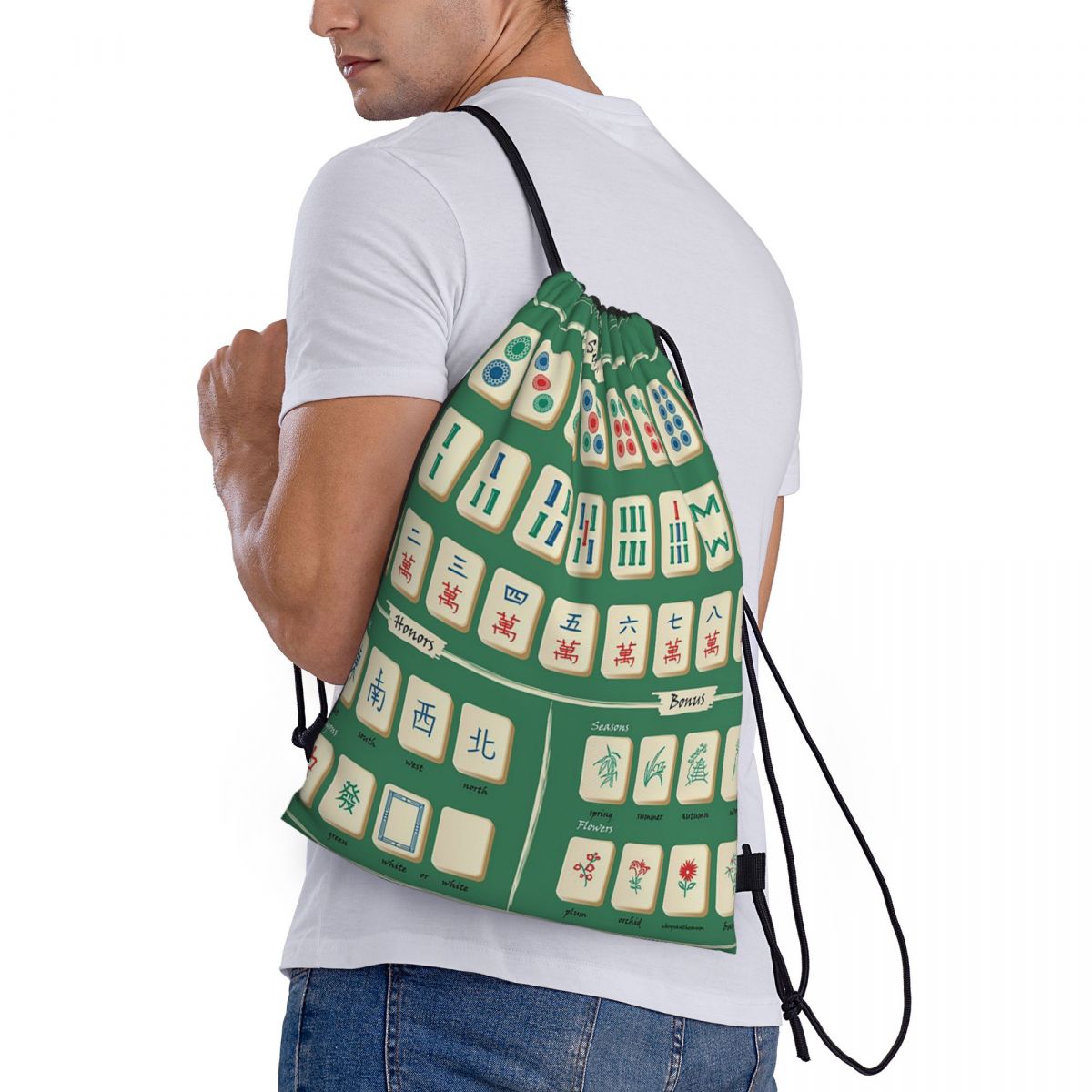 Tile Bag Drawstring - กระเป๋าเป้สะพายหลังลายไพ่นกกระจอก กระเป๋าหูรูดแบบพกพา กระเป๋าใส่ของจุกจิก กระเป๋าใส่หนังสือ สำหรับนักเรียนชายหญิง