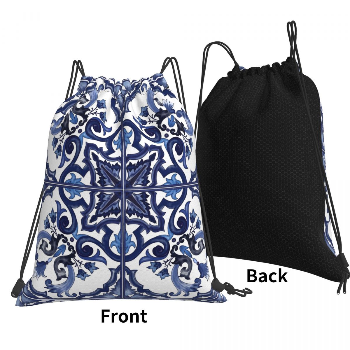 Tile Bag Drawstring - กระเป๋าเป้สะพายหลังลายดอกไม้สีฟ้าสไตล์เมดิเตอร์เรเนียนซิซิลี กระเป๋าแบบมีเชือกผูก กระเป๋ากีฬา กระเป๋าใส่หนังสือ สำหรับผู้ชาย ผู้หญิง