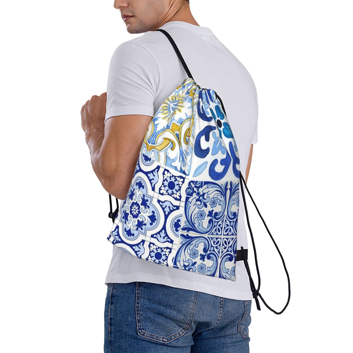 Tile Bag Drawstring - กระเบื้องซิซิลี, เมดิเตอร์เรเนียน, โมเสก, ลายมะนาว กระเป๋าเป้สะพายหลัง กระเป๋าหูรูดอเนกประสงค์