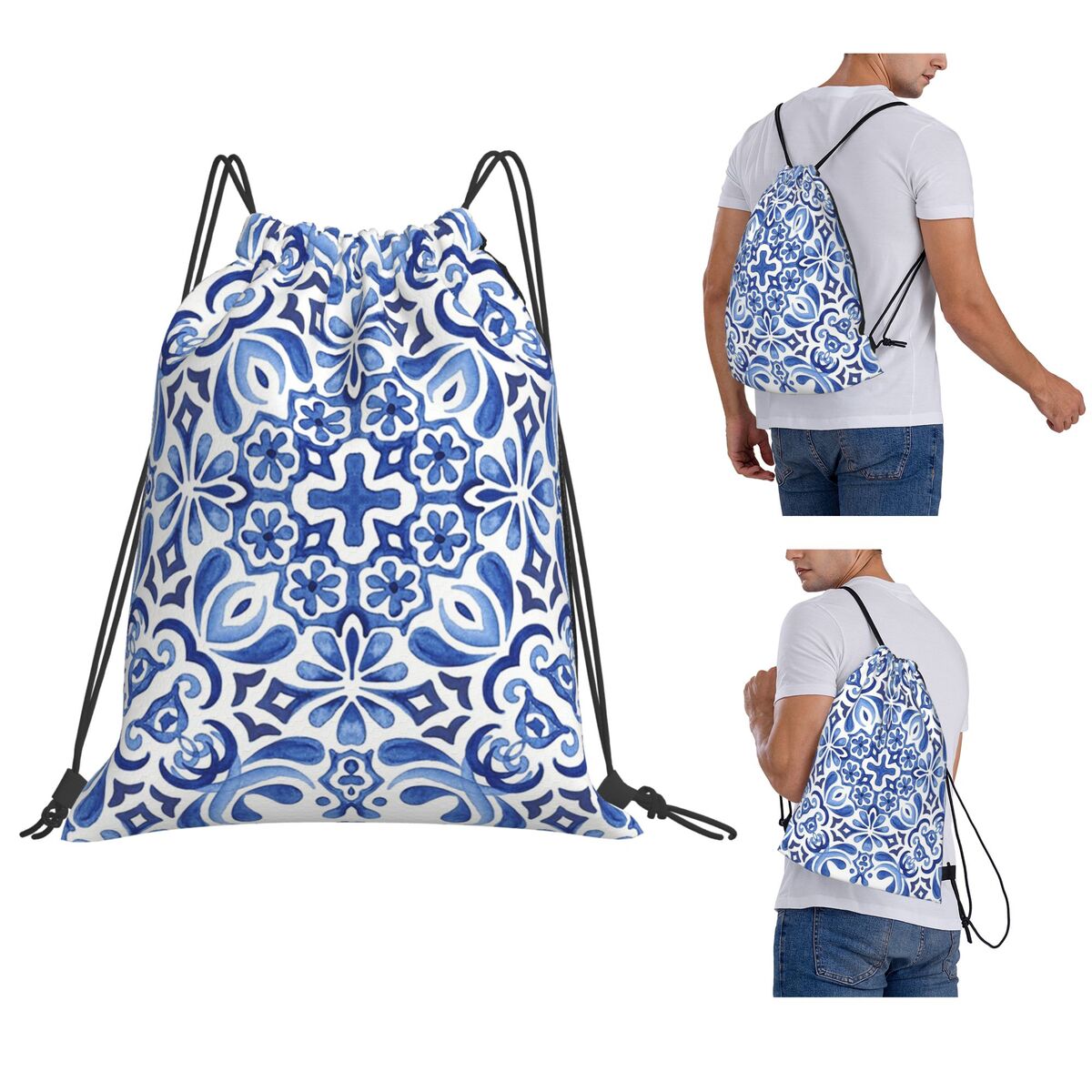 Tile Bag Drawstring - กระเบื้องโมเสกเมดิเตอร์เรเนียน อาซูเลโฮส กระเป๋าเป้สะพายหลังแบบสบาย ๆ กระเป๋าแบบมีเชือกผูก กระเป๋ากีฬา