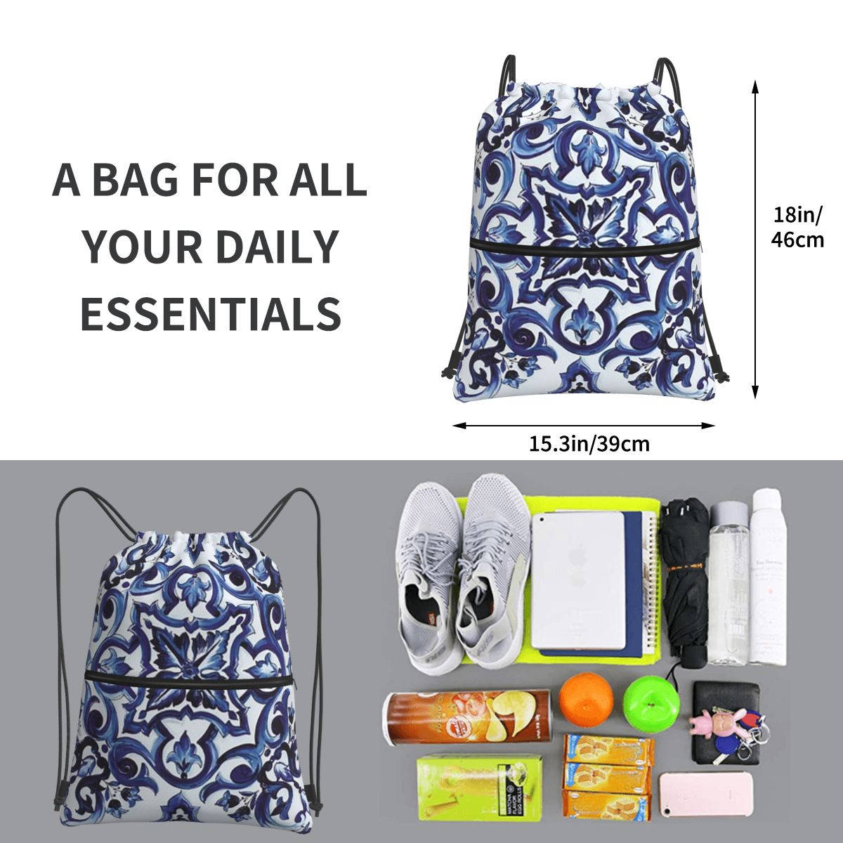 กระเป๋าเป้สะพายหลังลายดอกไม้สี - Tile Bag Drawstring บทวิจารณ์และราคา