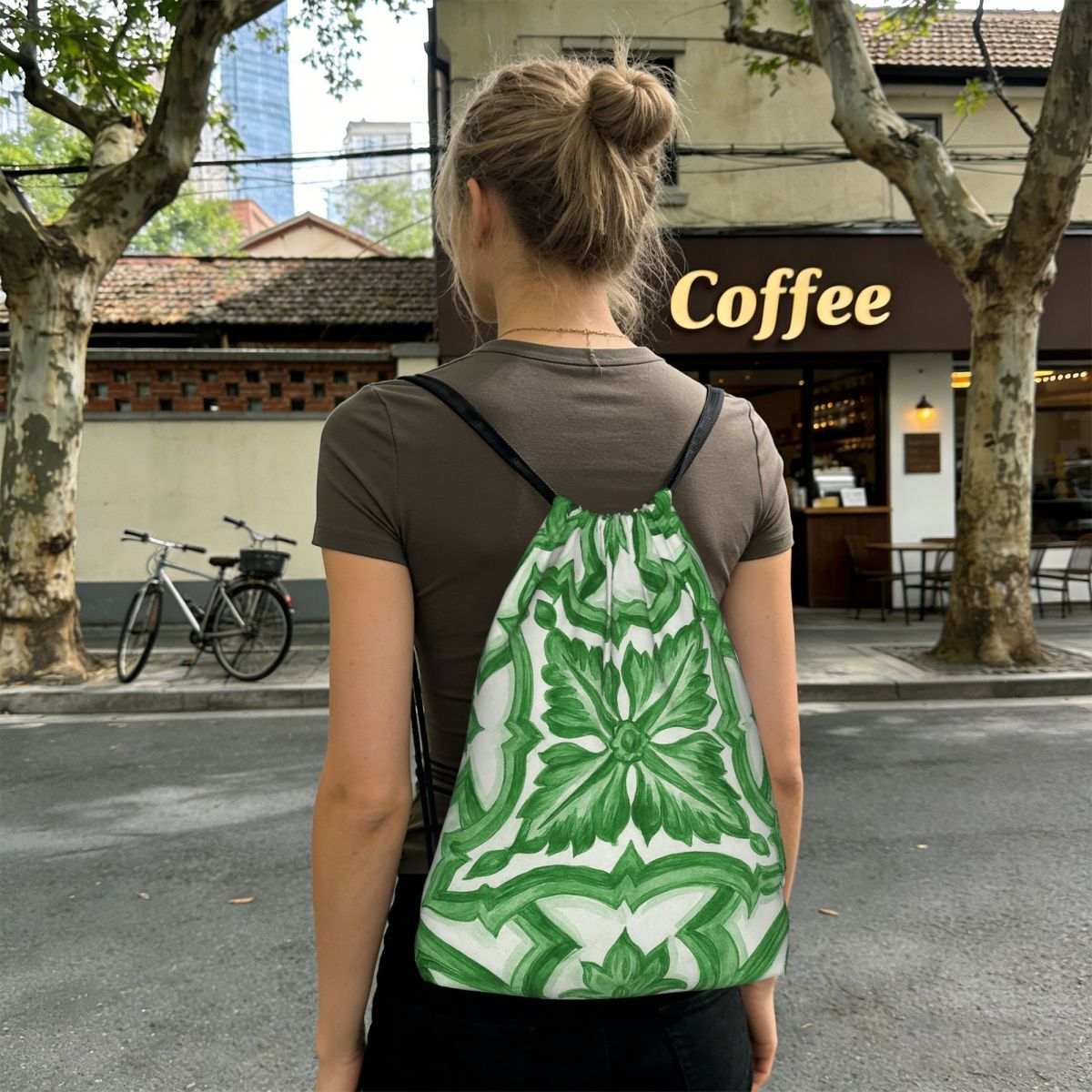 กระเป๋าเป้ลายดอกไม้สีเขียวสไตล - Tile Bag Drawstring บทวิจารณ์และราคา