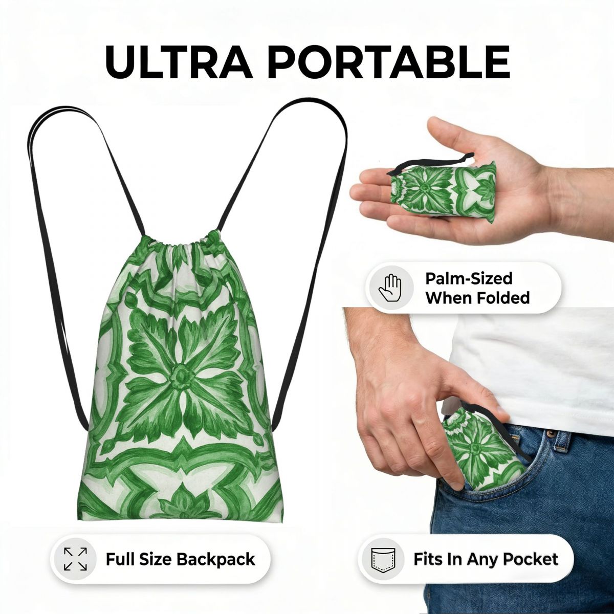 กระเป๋าเป้ลายดอกไม้สีเขียวสไตล - Tile Bag Drawstring บทวิจารณ์และราคา